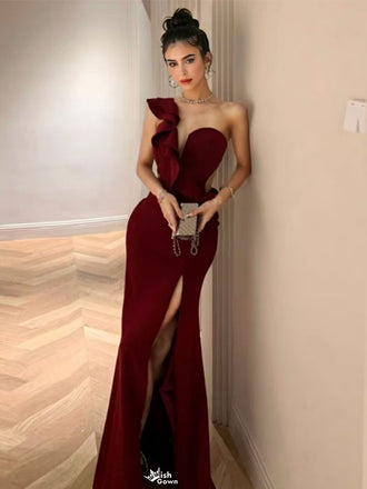 Elegant Red One-Shoulder Sleeveless Mermaid Side Slit Long Prom Dress Ideas, Evening Party Dresses , WGP1569