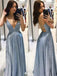 Shiny Blue Spaghetti Strap A-Line Long Prom Dress Ideas, Evening Party Dresses,WGP1635
