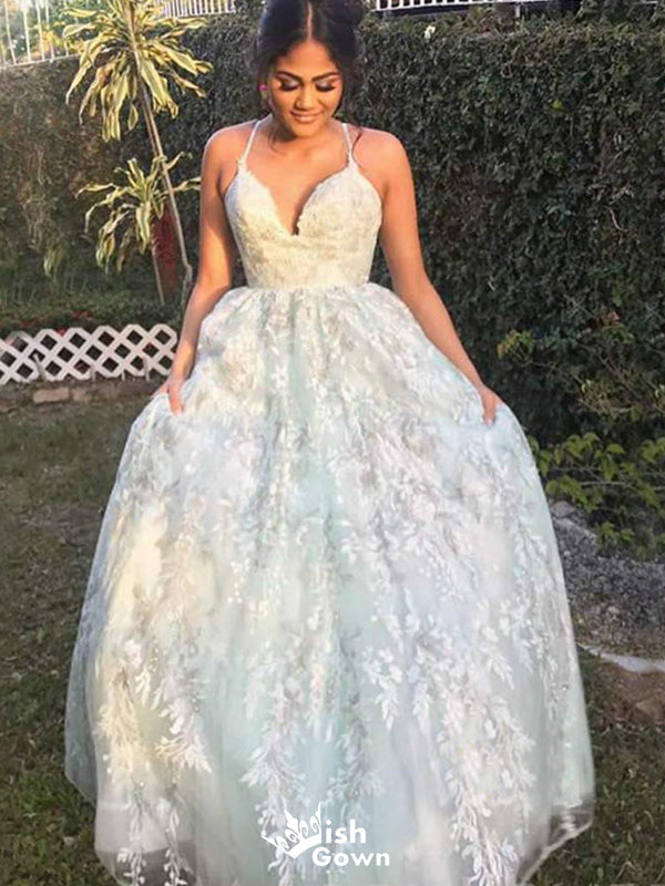 Formal Spaghetti Strap V-neck A-line Long Prom Dress Ideas, Evening Party Dresses,WGP1369