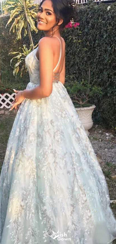 Formal Spaghetti Strap V-neck A-line Long Prom Dress Ideas, Evening Party Dresses,WGP1369