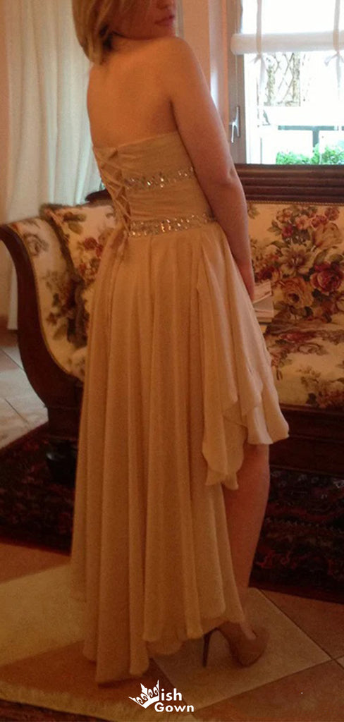 Popular Strapless Sweetheart Asymmetric A-line Long Prom Dress Ideas, Evening Party Dresses,WGP1123