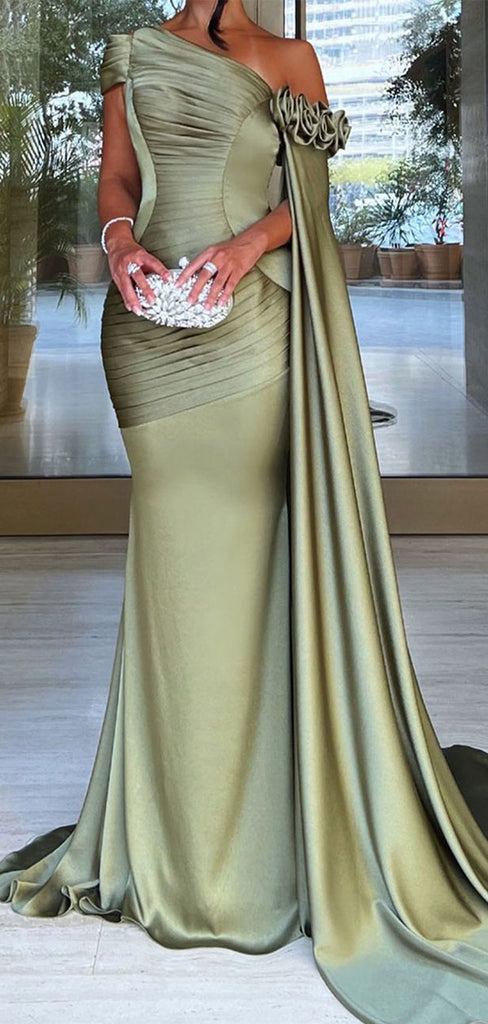 Elegant Green One-Shoulder Sleeveless Mermaid Long Prom Dress Ideas, Evening Party Dresses , WGP1882