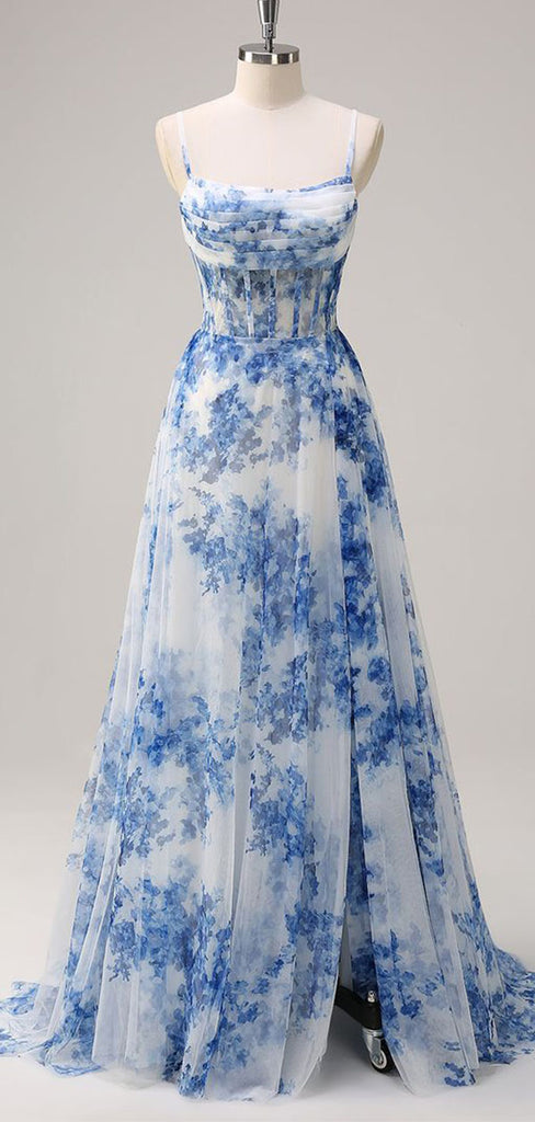 Elegant Blue Spaghetti Strap Mermaid Side Slit Long Prom Dress Ideas, Evening Party Dresses ,  WGP1594