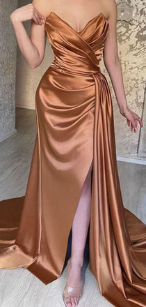 Elegant Gold Sweetheart Sleeveless Mermaid Side Slit Long Prom Dress Ideas, Evening Party Dresses , WGP1888