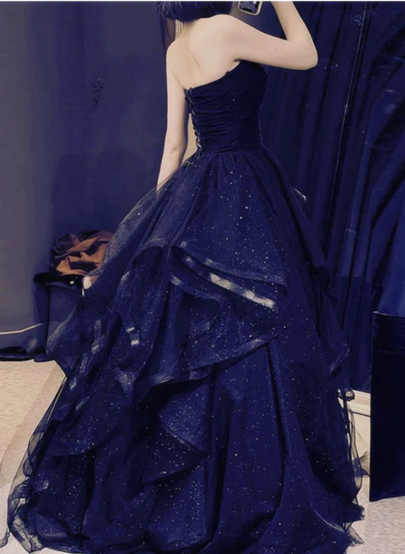Elegant Navy Blue Sweetheart A-Line Long Prom Dress Ideas, Evening Party Dresses,WGP1915