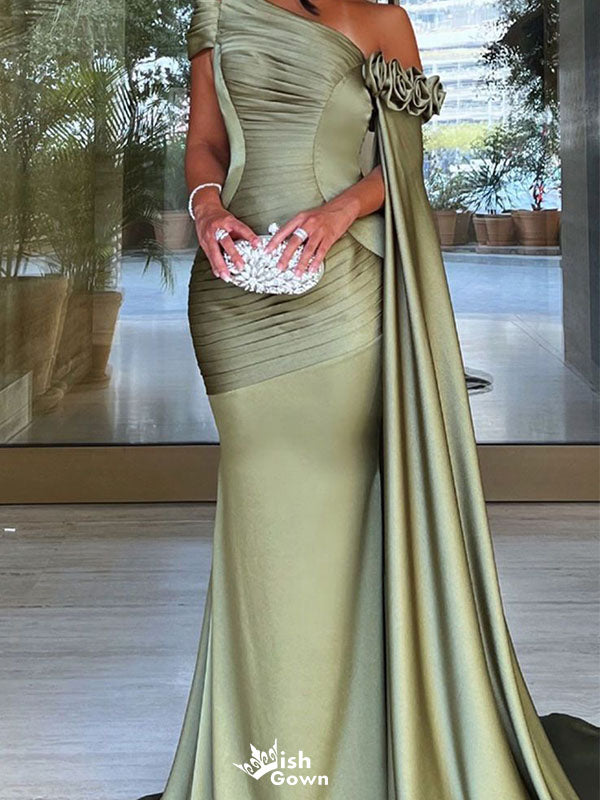 Elegant Green One-Shoulder Sleeveless Mermaid Long Prom Dress Ideas, Evening Party Dresses , WGP1882