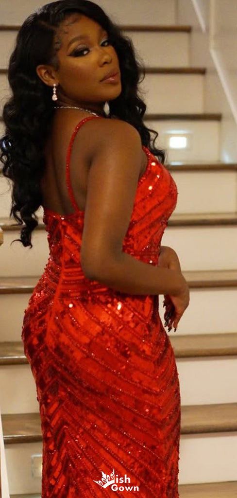 Sexy V-neck Spaghetti Strap Sheath Long Prom Dress Ideas, Evening Party Dresses,WGP1463