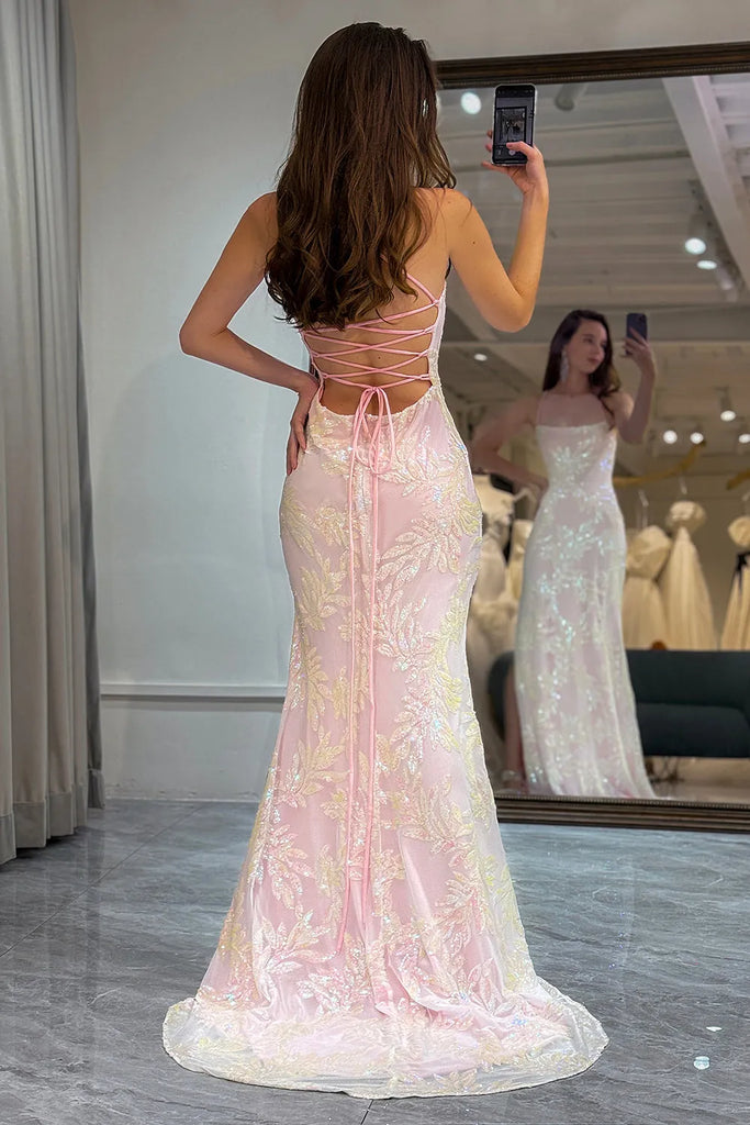 Elegant Pink Spaghetti Strap Sleeveless Mermaid Long Prom Dress Ideas, Evening Party Dresses , WGP1899