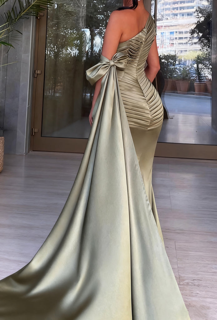 Elegant Green One-Shoulder Sleeveless Mermaid Long Prom Dress Ideas, Evening Party Dresses , WGP1882