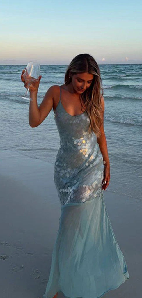 Sparkly Blue Spaghetti Strap Mermaid Long Prom Dress Ideas, Evening Party Dresses,WGP1941