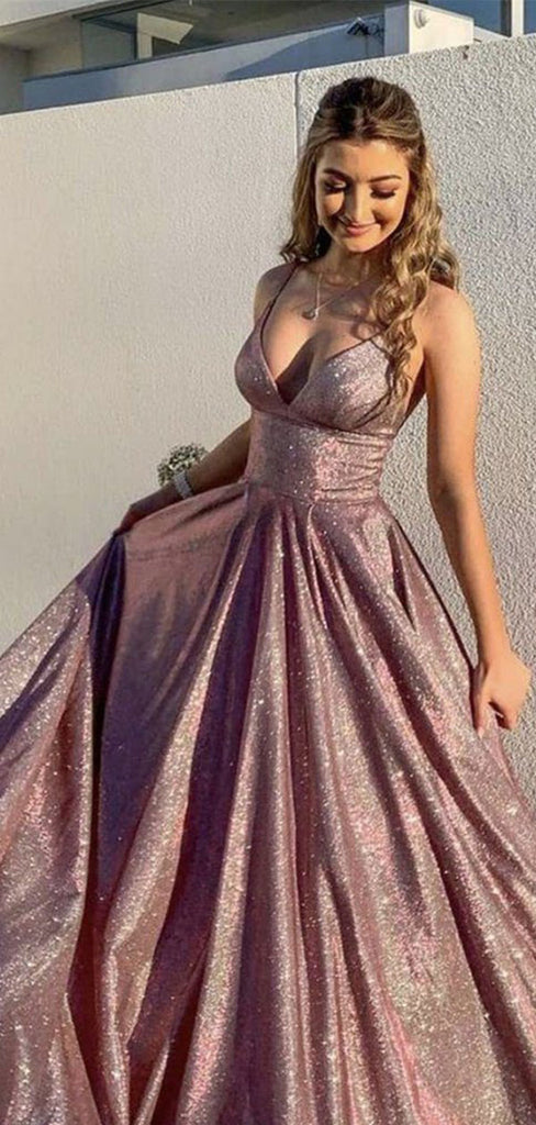 Shiny Pink Spaghetti Strap A-Line Long Prom Dress Ideas, Evening Party Dresses,WGP1644