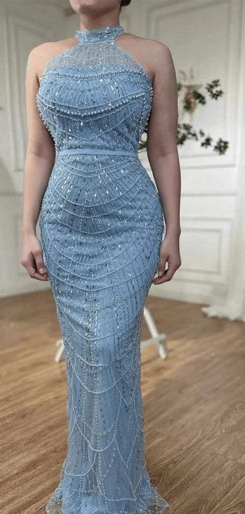 Sparkly Blue High Neck Mermaid Long Prom Dress Ideas, Evening Party Dresses,WGP1885