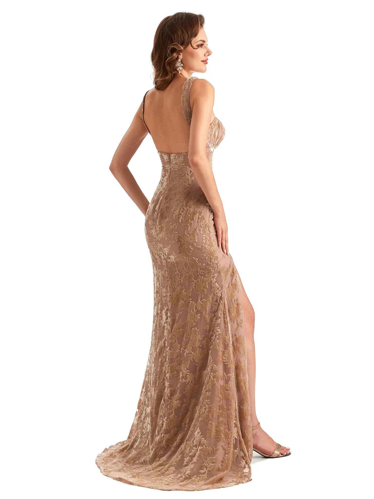Unique Gold V-Neck Mermaid Side Slit Long Prom Dress Ideas, Evening Party Dresses,WGP1706
