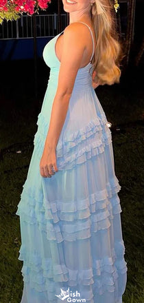 Elegant V-neck Spaghetti Strap Chiffon A-line Long Prom Dress Ideas, Evening Party Dresses,WGP1144