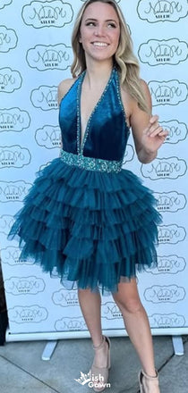 Gorgeous Halter V-neck A-line Short Mini Homecoming Dress,EPT408