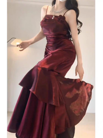 Elegant Red Spaghetti Strap Sleeveless Mermaid Long Prom Dress Ideas, Evening Party Dresses , WGP1570
