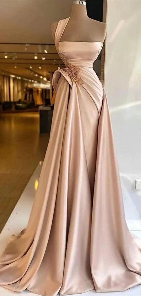 Elegant Pink One-Shoulder A-Line Long Prom Dress Ideas, Evening Party Dresses,WGP1611