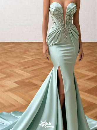 Elegant Green Sweetheart Sleeveless Mermaid Side Slit Long Prom Dress Ideas, Evening Party Dresses , WGP1896