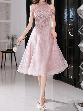 Sparkly Applique Pink Halter A-Line Long Prom Dress Ideas, Evening Party Dresses,WGP1917