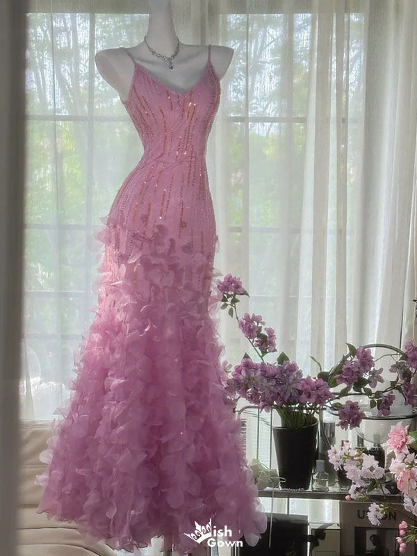 Elegant Pink Spaghetti Strap Mermaid Floral Long Prom Dress Ideas, Evening Party Dresses,WGP1637