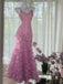 Elegant Pink Spaghetti Strap Mermaid Floral Long Prom Dress Ideas, Evening Party Dresses,WGP1637