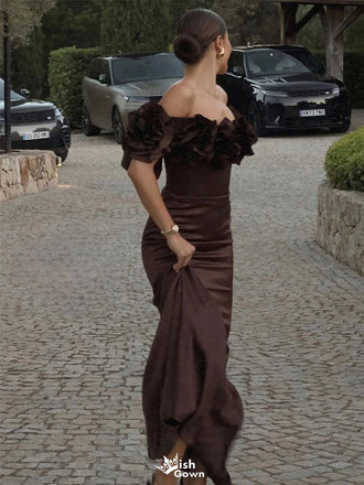 Elegant Brown Off-Shoulder Mermaid Floral Long Prom Dress Ideas, Evening Party Dresses,WGP1743