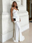 Classy White V-Neck Satin Prom Dress Lace Inset Slender Mermaid Gown,WGP2149