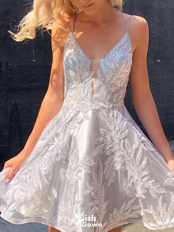 Elegant Spaghetti Strap V-neck A-line Short Mini Homecoming Dress,EPT436