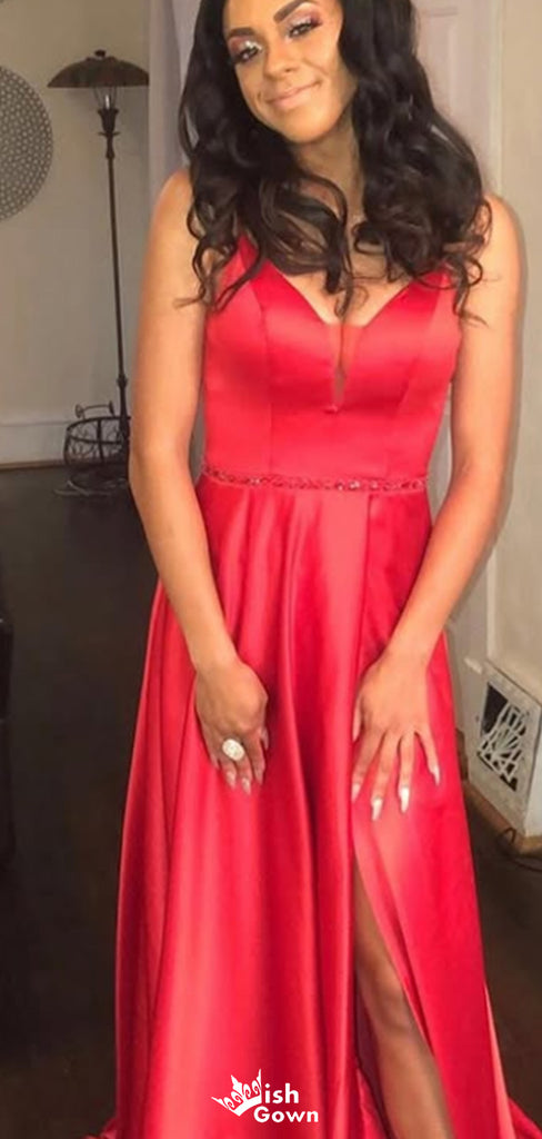 Elegant Spaghetti Strap V-neck A-line Long Prom Dress Ideas, Evening Party Dresses,WGP1587