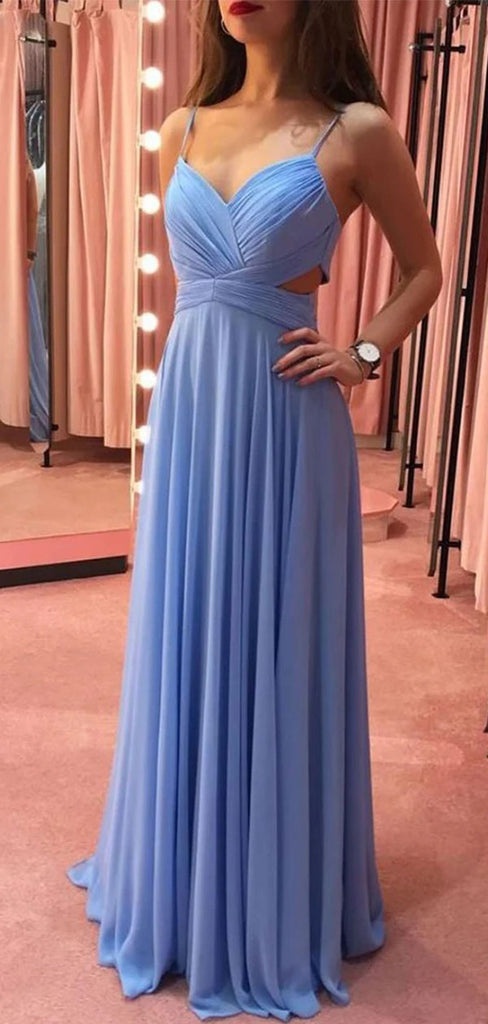 Elegant Blue Spaghetti-Strap A-Line Long Prom Dress Ideas, Evening Party Dresses,WGP1630