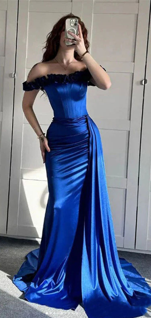 Floral Navy Blue Off-Shoulder Mermaid Long Prom Dress Ideas, Evening Party Dresses,WGP1936