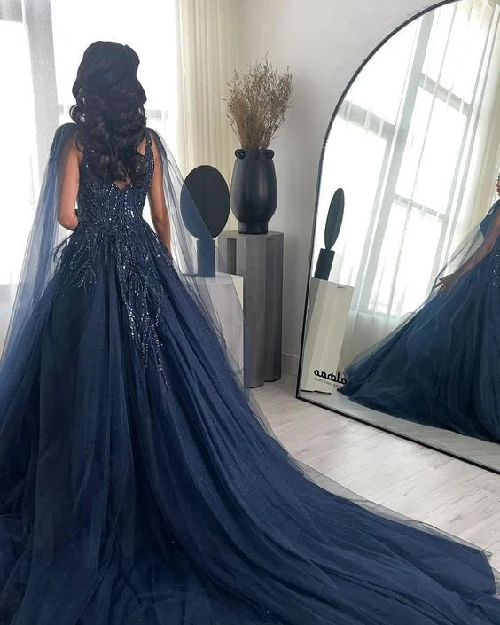 Elegant Navy Blue Spaghetti Strap A-Line Long Prom Dress Ideas, Evening Party Dresses,WGP1918