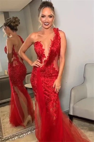 Unique Red Mermaid Lace Long Prom Dress Ideas, Evening Party Dresses,WGP1887