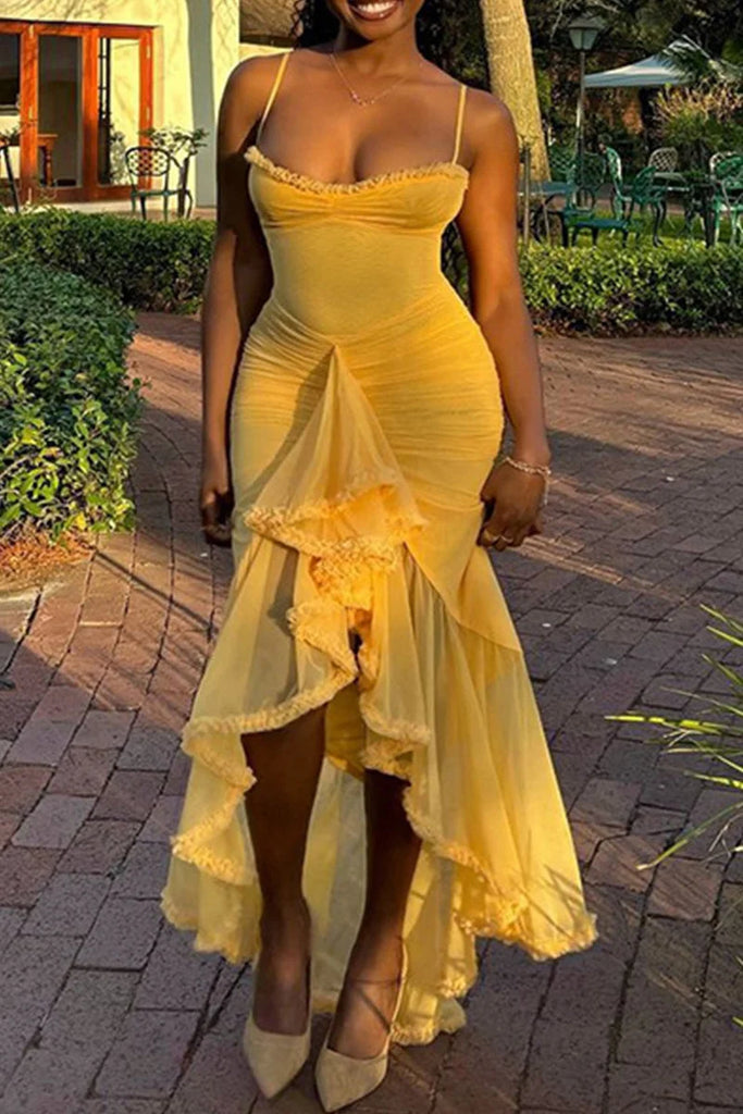 Elegant Yellow Spaghetti Strap Mermaid High Low Prom Dress Ideas, Evening Party Dresses,WGP1805
