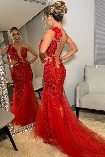 Unique Red Mermaid Lace Long Prom Dress Ideas, Evening Party Dresses,WGP1887