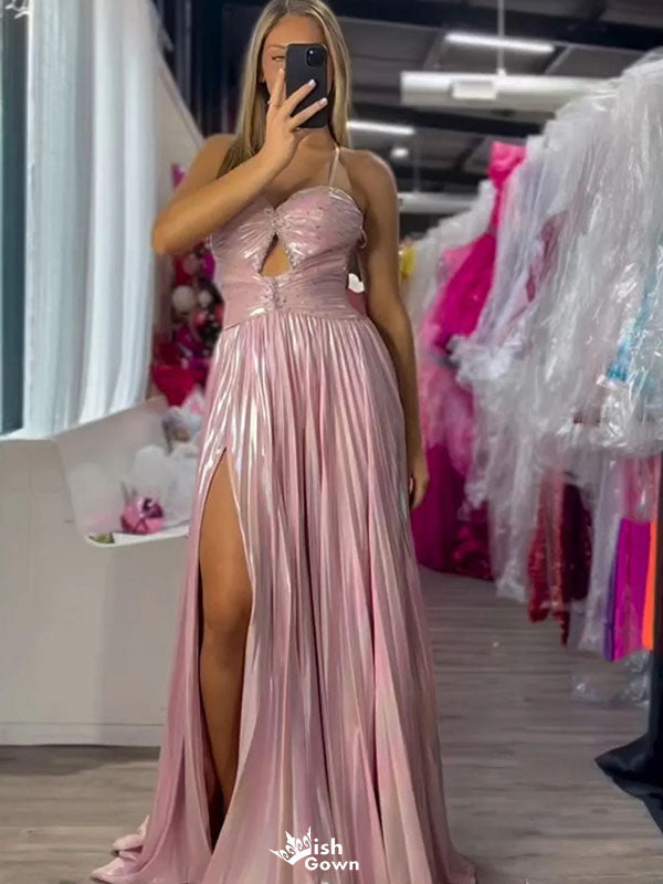 Elegant Pink Spaghetti Strap A-Line Side Slit Long Prom Dress Ideas, Evening Party Dresses,WGP1646