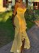 Elegant Yellow Spaghetti Strap Mermaid High Low Prom Dress Ideas, Evening Party Dresses,WGP1805
