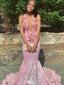 Sexy Floral Pink V-Neck Mermaid Long Prom Dress Ideas, Evening Party Dresses,WGP1906