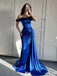 Floral Navy Blue Off-Shoulder Mermaid Long Prom Dress Ideas, Evening Party Dresses,WGP1936
