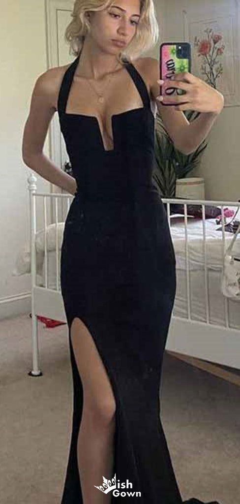 Sexy Black Halter Notched Mermaid Long Prom Dress Ideas, Evening Party Dresses,WGP1653