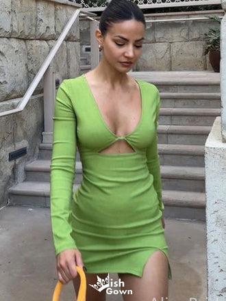 Sexy Long Sleeves V-neck Sheath Short Mini Homecoming Dress,EPT511