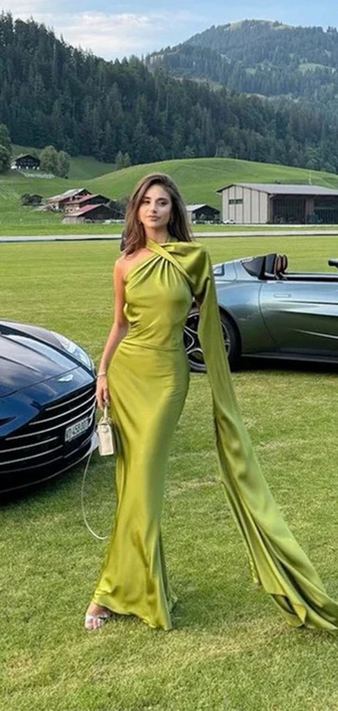 Elegant Green One-Shoulder Mermaid Long Prom Dress Ideas, Evening Party Dresses,WGP1613