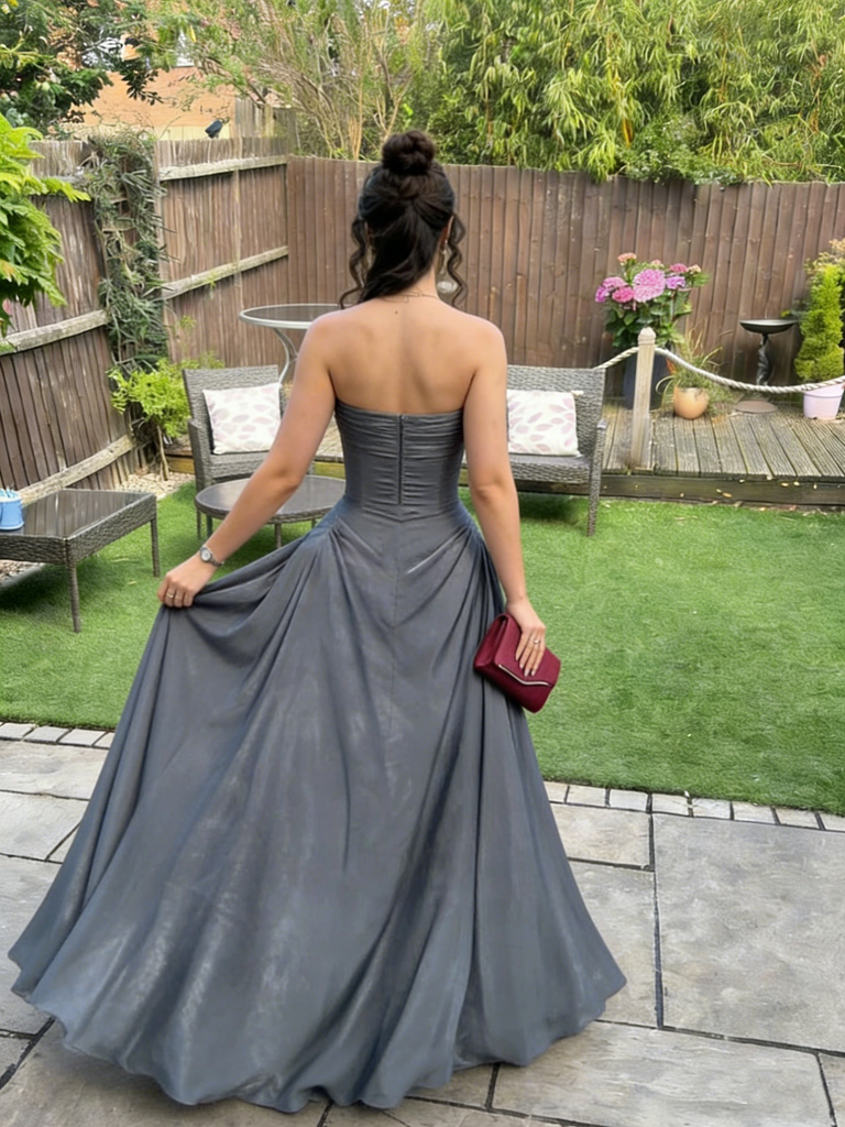 Fancy Grey Strapless Corset Prom Dress Drape Skirt Floor-Length Gown,WGP2150