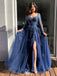 Unique Navy Blue Long Sleeve A-Line Long Prom Dress Ideas, Evening Party Dresses,WGP1919