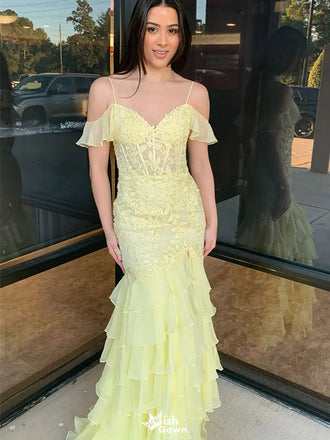 Elegant Yellow Spaghetti Strap Mermaid Long Prom Dress Ideas, Evening Party Dresses,WGP1931