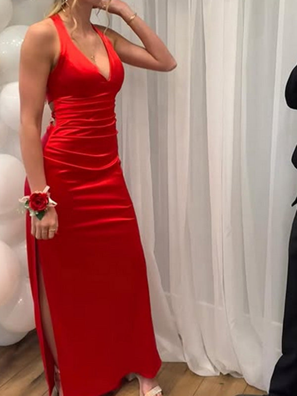 Elegant Halter V-neck Mermaid Long Prom Dress Ideas, Evening Party Dresses,WGP1718