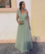 Popular Floral Green V-Neck A-Line Sleeveless Long Prom Dress Ideas, Evening Party Dresses,WGP1681