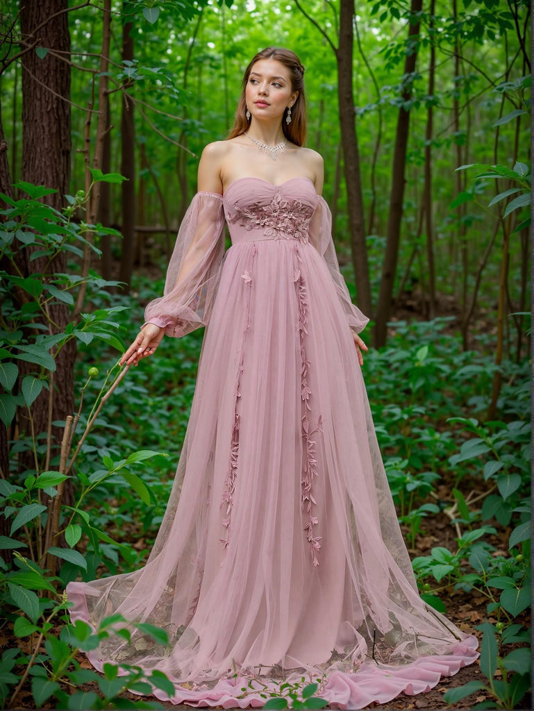 Sexy Pink Sweetheart Floral A-Line Long Prom Dress Ideas, Evening Party Dresses,WGP1657
