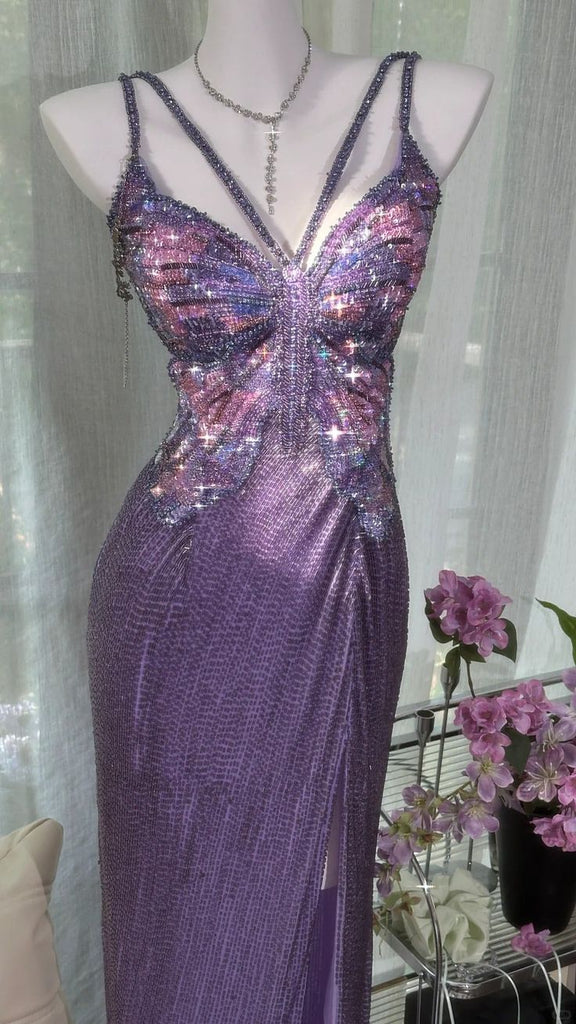 Shiny Purple Spaghetti Strap Sleeveless Mermaid Long Prom Dress Ideas, Evening Party Dresses, WGP1903