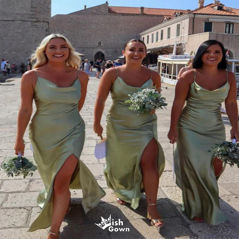 Popular Green Spaghetti Straps Side Slit Sexy Mermaid Cheap Maxi Long Wedding Guest Bridesmaid Dresses,WGM193